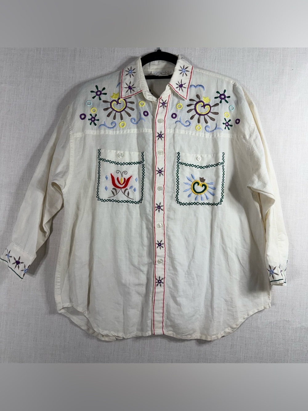 Cache White Embroidered Button-Down Shirt with Multicolor Motifs Vintage